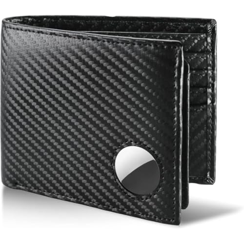 Mens Wallet with AirTag holder,Genuine Leather Bifold Wallets for Men RFID Blocking With 2 ID Window and 12 Cards Holders Gift Box (Coffee Brown) (Carbon)