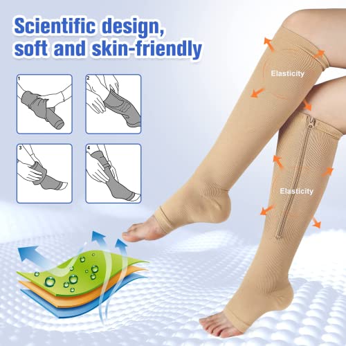 Image of bropite Zipper Compression Socks Women & Men - 2Pairs Calf Knee High 15-20mmHg Open Toe Compression Stocking suit for Walking