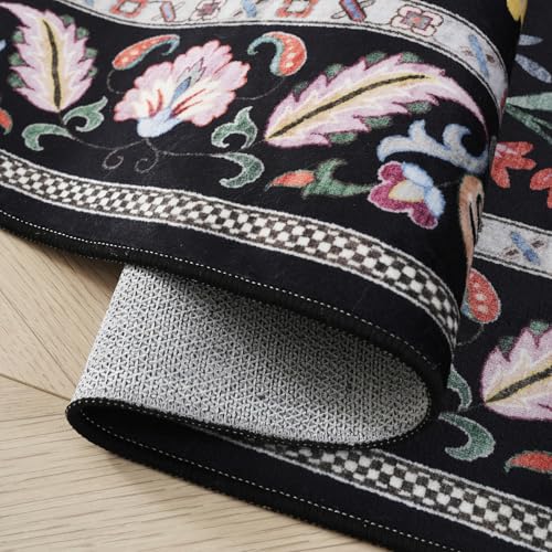Living Room Rug 6x9 Rug Machine Washable Area Rug Floral Non-Slip Low Pile Large Rug for Living Room, Bedroom, Farmhouse, Dining Room, Kids Playroom (Vibrant Black)