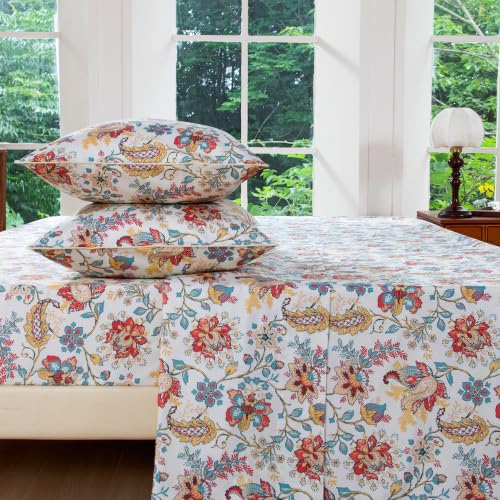Image of FADFAY Full Ivory 100% Egyptian Cotton Paisley Sheets Set 4 Piece, Vintage Botanical Cottagecore Bedding, Soft Breathable Boho Floral Farmhouse Bedding with Deep Pocket Fitted Sheet for All Seasons