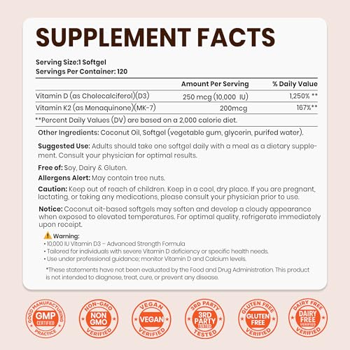 Image of VEV Corefeel Vitamin D3 K2 10,000 IU, 200 mcg MK-7, 120 Coconut Oil Softgels, 2-in-1 Vitamins D & K, Easy to Swallow