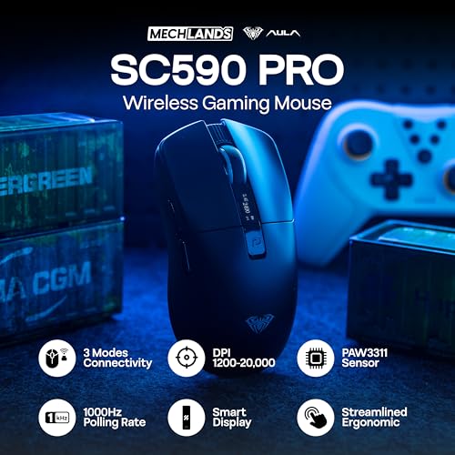 Image of MechLands Aula SC590 PRO Gaming Mouse with Display Screen, 2.4G /USB-C /BT Wireless Mouse with 500mAh Battery, Adjustable 20,000 DPI & 1000 Polling Rate, PAW3311 Sensor, for Win /Mac /Gaming (Black)