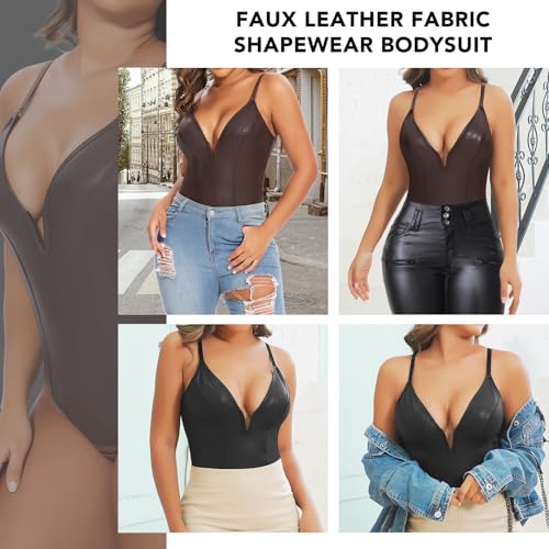 SHAPERIN Women's Deep V Neck Faux Leather Bodysuit Tummy Control Shapewear Thong Body Shaper Plunge Cami Corset Top (Large,Brown)