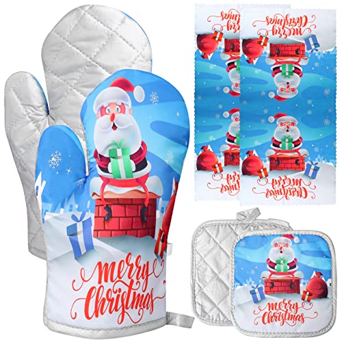 Lucleag 6 Pack Christmas Oven Mitts Potholders And Towels Set, Christmas Santa Oven Mitts Pot Holders Towels Heat Resistant Non-Slip Cooking Gloves Bbq Cooking Baking Grilling #TOP13