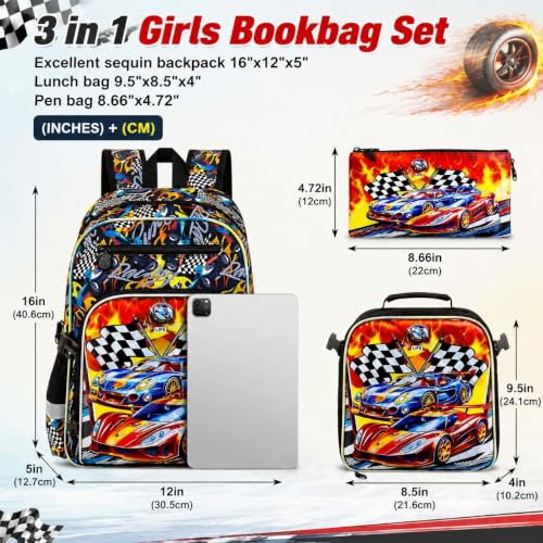 Image of HPJGD 3PCS Bookbag for Boys, 16 inch Race Car Preschool Backpack Set with Clip-On Lunch Box, Kids Water-Resistant School Bag for Elementary - Thrill Racing