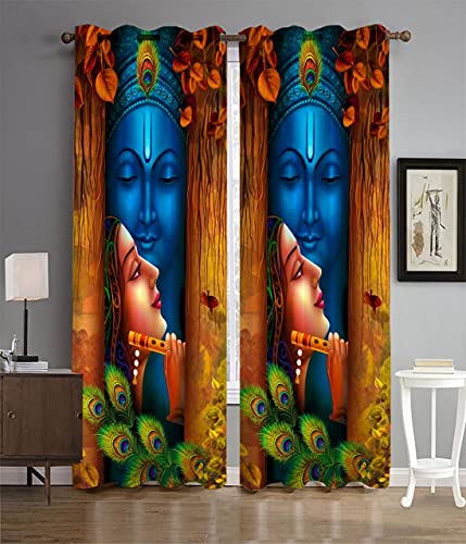 Image of UNITMALL Digital Printed God Curtains 1 Piece | Home Mandir Pooja Room Decor Bhgwan Door Curtain 7ft | Polyester Eyelet Drapes & Panels (4x7 Feet, Radha Krishna Ji)