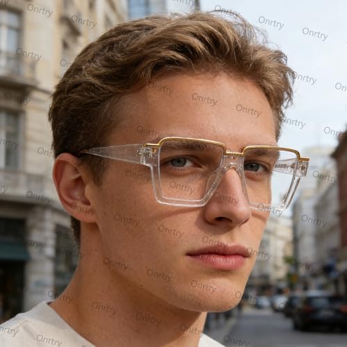 Image of Onrtry Oversized Square Blue Light Glasses for Women Men Fashion Semi Rimless Glasses Non Prescription Eyeglasses