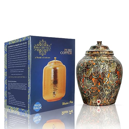 Image of IndianArtVilla Printed Design Copper Water Dispenser Pot Matka, Storage, Home Garden, 13 LTR, Orange
