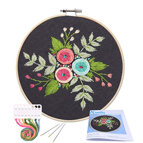 Full Range of Embroidery Starter Kit with Pattern, Kissbuty Cross Stitch Kit Including Embroidery Cloth with Floral Pattern, Bamboo Embroidery Hoop, Color Threads and Tools Kit (Black Flower)