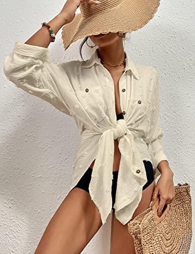 Bsubseach Swimsuit Coverup for Women Bathing Suit Blouse Button Down Shirt Dresses Swiss Dot Apricot - Image 2