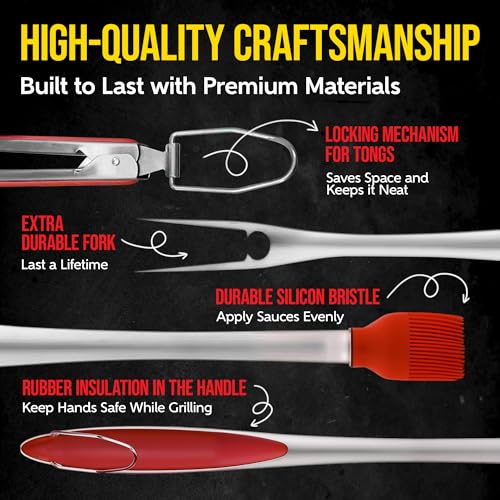 Image of Kaluns BBQ Grilling Accessories, Grilling Gifts for Men Dad, Grill Tools for Outdoor Grill, Heavy Duty Stainless Steel Grill Set with Spatula, Tongs, Fork, Brush, & Grilling Mat, Best BBQ Gifts