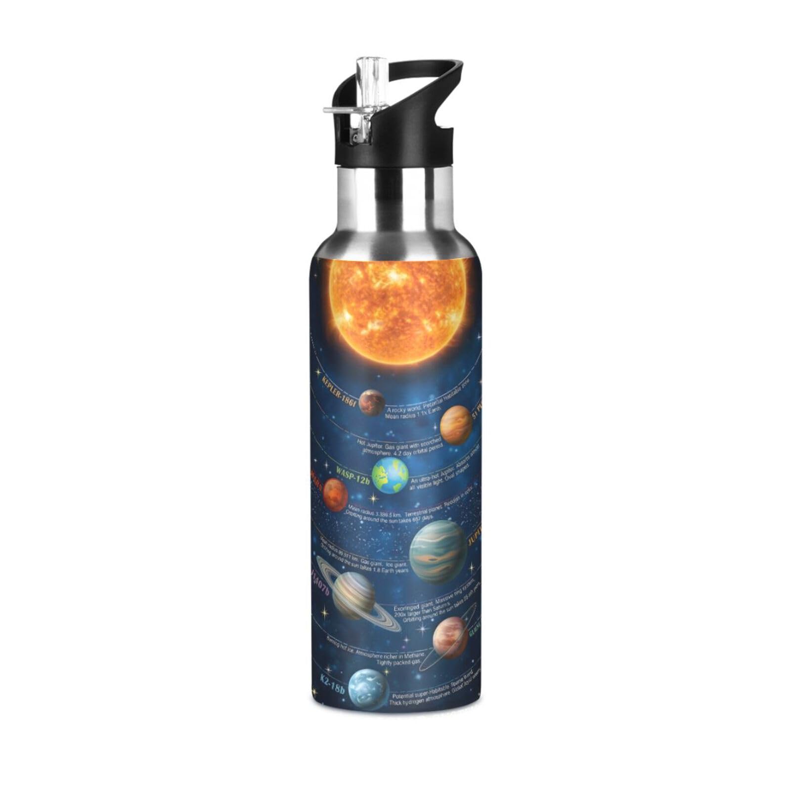 Space Water Bottle with Straw Lid Solar System Galaxy Kids Insulated Stainless Steel Water Flask Sports, 20 Oz Hot Cold