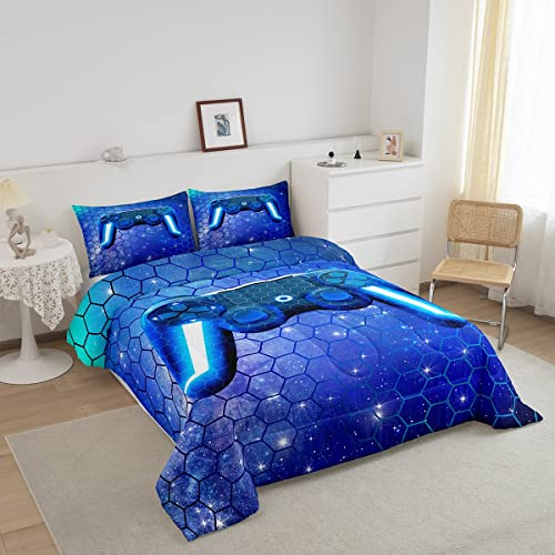 Gaming Bedding Sets For Boys Video Games Comforter Set 3 Pcs Soft Microfiber All Season Machine Washable Reversible Duvet Insert Teens Kids Gamer Room Decor Blue Honeycomb Hexagon Print Quilts Full #TOP1