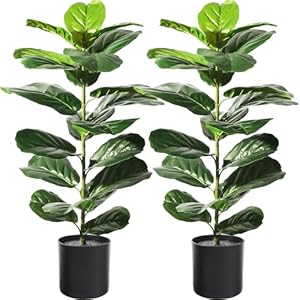 Suntee 2 Pack Artificial Fiddle Leaf Fig Tree, 30″ Ficus Lyrata Fake Plants with Pots, Floor Plant Outdoor Faux Plants for Living Room, Corner, Office, Patio, Windowsill Decor