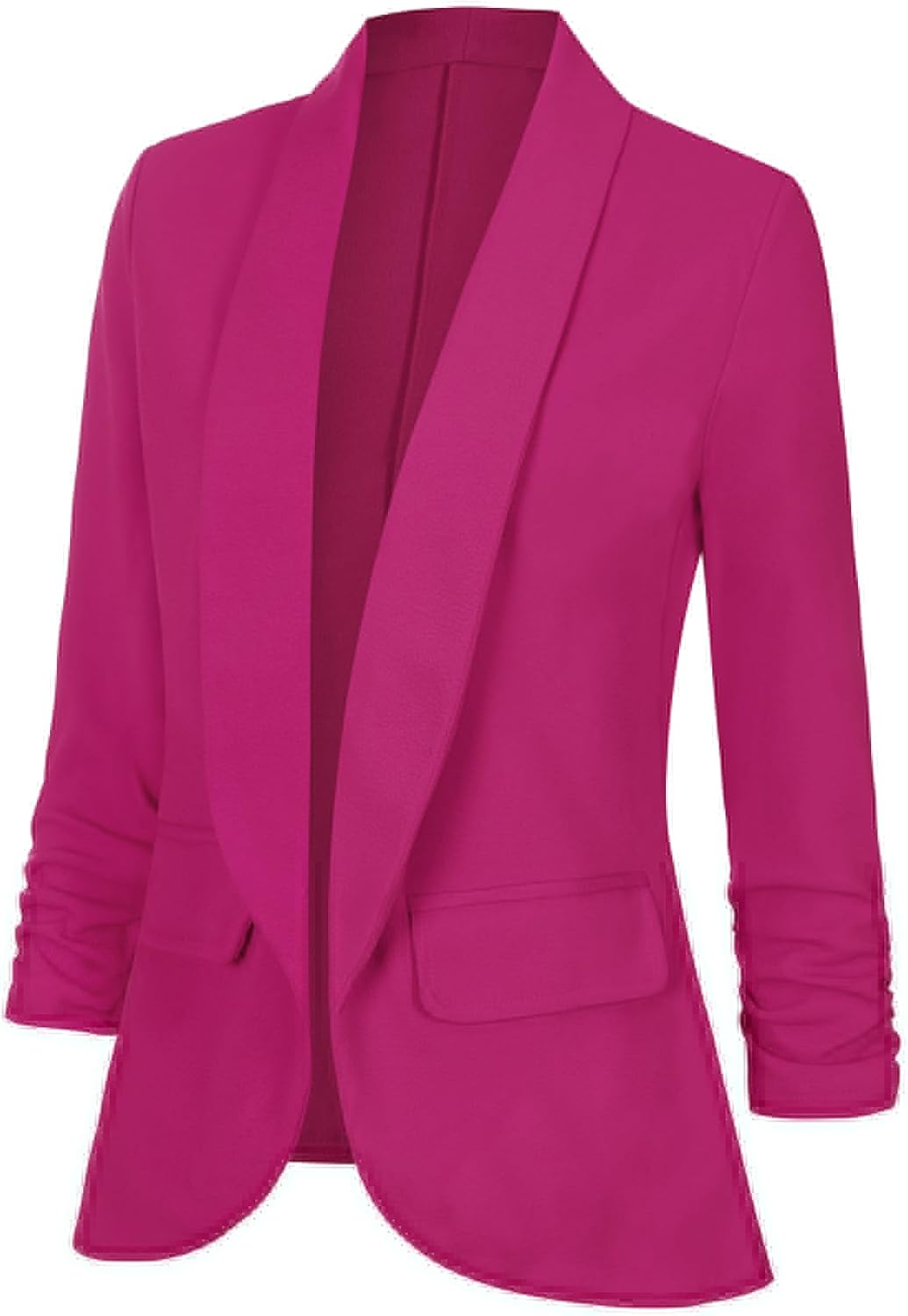 Women's Casual Open Front Blazers Shawl Lapel Ruched 3/4 Sleeve Office Lightweight Blazer Jackets with Pockets *Hot Pink,Size XL*
