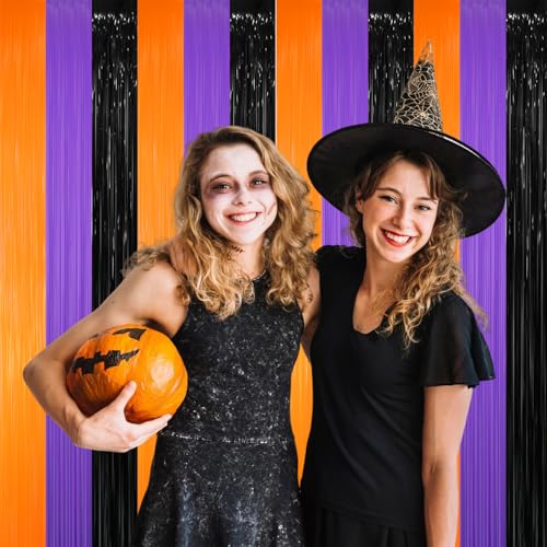 Image of GOER 3.2 ft x 8.2 ft Metallic Tinsel Foil Fringe Curtains for Halloween Birthday Graduation New Year's Party Decorations(1 Pack,Black&Orange&Purple)