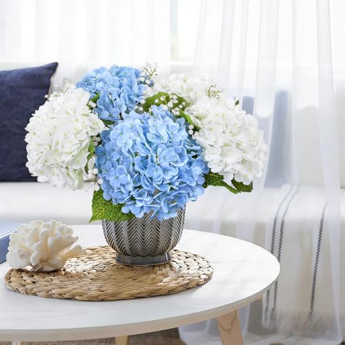 Image of Bassion 4 Pcs 21 inch Blue White Hydrangea Artificial Flowers for Decorations