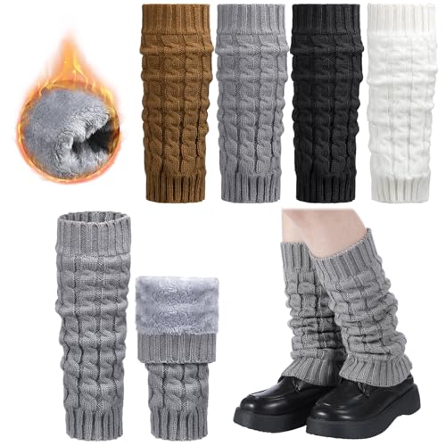 Image of Geyoga 4 Pairs Wome Winter Fleece Lined Leg Warmers Knit Warm Long Leg Knit Thick Boot Socks for Skating Walking