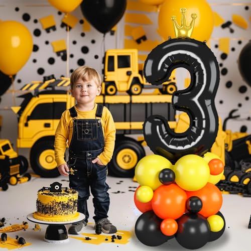 Image of Black Number 3 Balloon 40 Inch Construction Number Three Foil Balloons Tower with Excavator Digger Truck for Boys Third 3rd Birthday Party Decorations Giant Large Digital Aluminum Balloons Stack