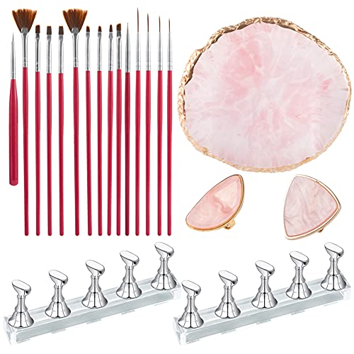 20pcs Gold Edge Resin Nail Art Palettes Tools- 3pcs Drawing Nail Polish Mixing Palette in 3 Shapes+2pcs Nail Display Stand+15pcs Nail Brush Nail Art for DIY Manicure Nail Art Manicure Painting Women