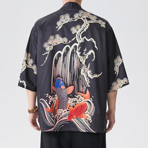 Image of Men's Japanese Kimono Robe Jacket Lightweight 3 /4 Sleeve Open Front Yukata | Silky Smooth Fashion Print Happi Coat Lightweight Breathable Loose Unisex Haori Casual Summer Cardigan Daily Beach Vacation
