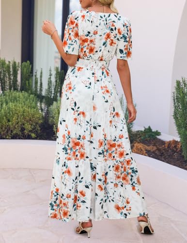 ZESICA Women's 2025 Summer Casual Floral Print Short Sleeve V Neck High Waist A Line Tiered Flowy Boho Maxi Dress3
