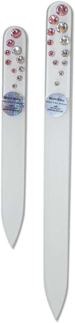 Genuine Czech Pink & Clear Comet Swarovski Crystal Glass Manicure Pedicure Nail File Set of 2 with Suede Cases