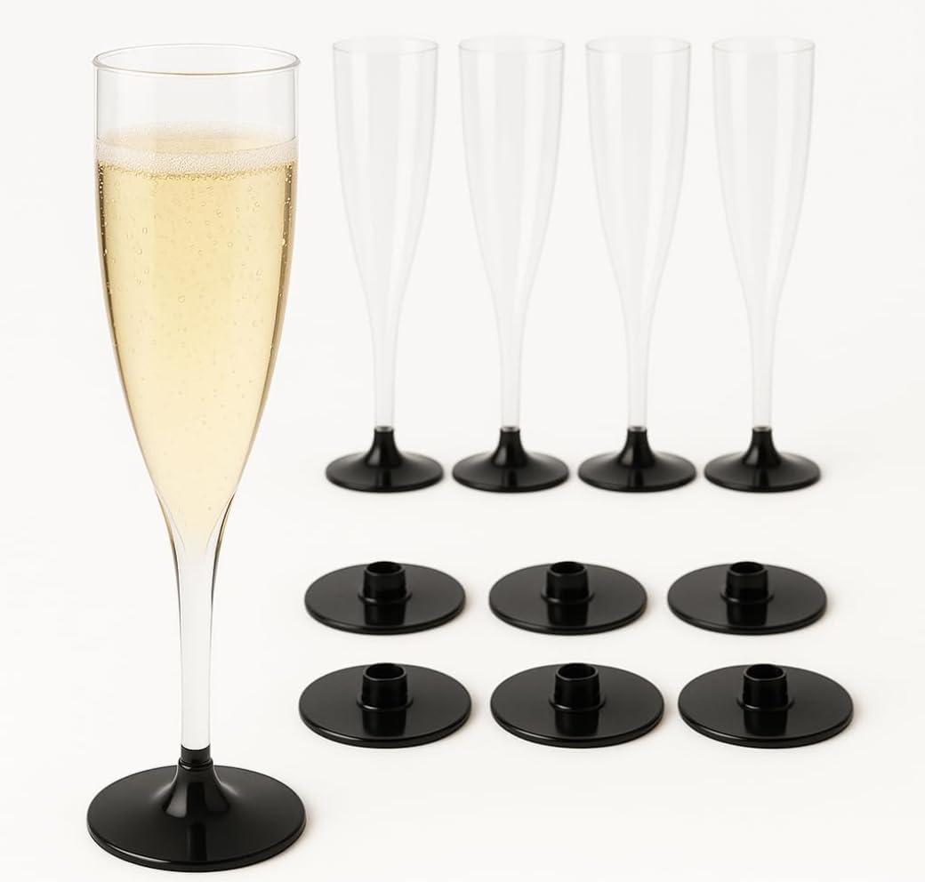 200 Copas de cava de plástico 150 ml REUT – Flute transparente con base negra desmontable – Copas rígidas desmontables para champán, fiestas, bodas, Navidad o Nochevieja.