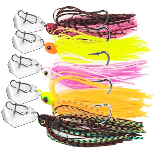 FREE FISHER 5Pcs Buzz Bait Fishing Bladed Jigs Lures Multicolored Jig Skirts for Bass Trout Walleye 3.15in/0.39oz