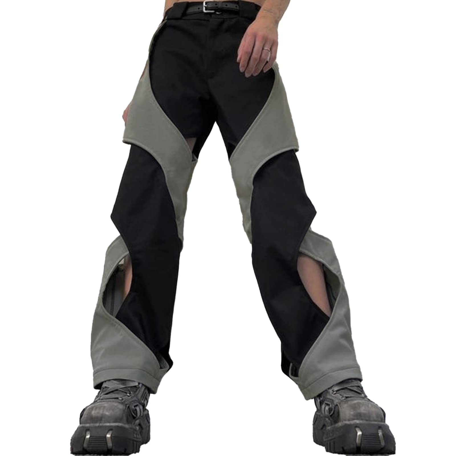 Mandonce Work Pants for Women Hollow Panel Contrast High Waist Zipper Straight Style Casual Pants