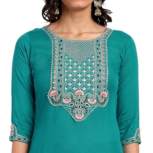 Image of Women Rayon Embroidered Kurta with Pant and Dupatta Set