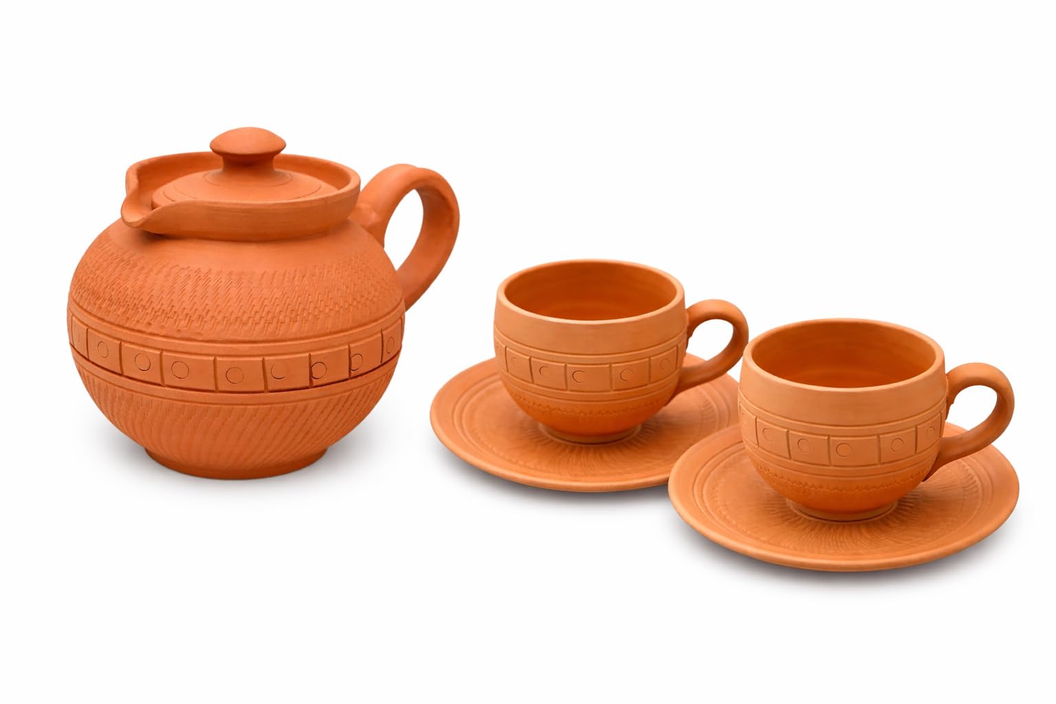 KSI Handmade Terracotta Tea Set with Small Teapot 2 Kulhad Tea Cups with Handle and 2 Plates Natural Clay Eco-Friendly Non-Toxic Heat Retaining Indian Tea Coffee Serveware
