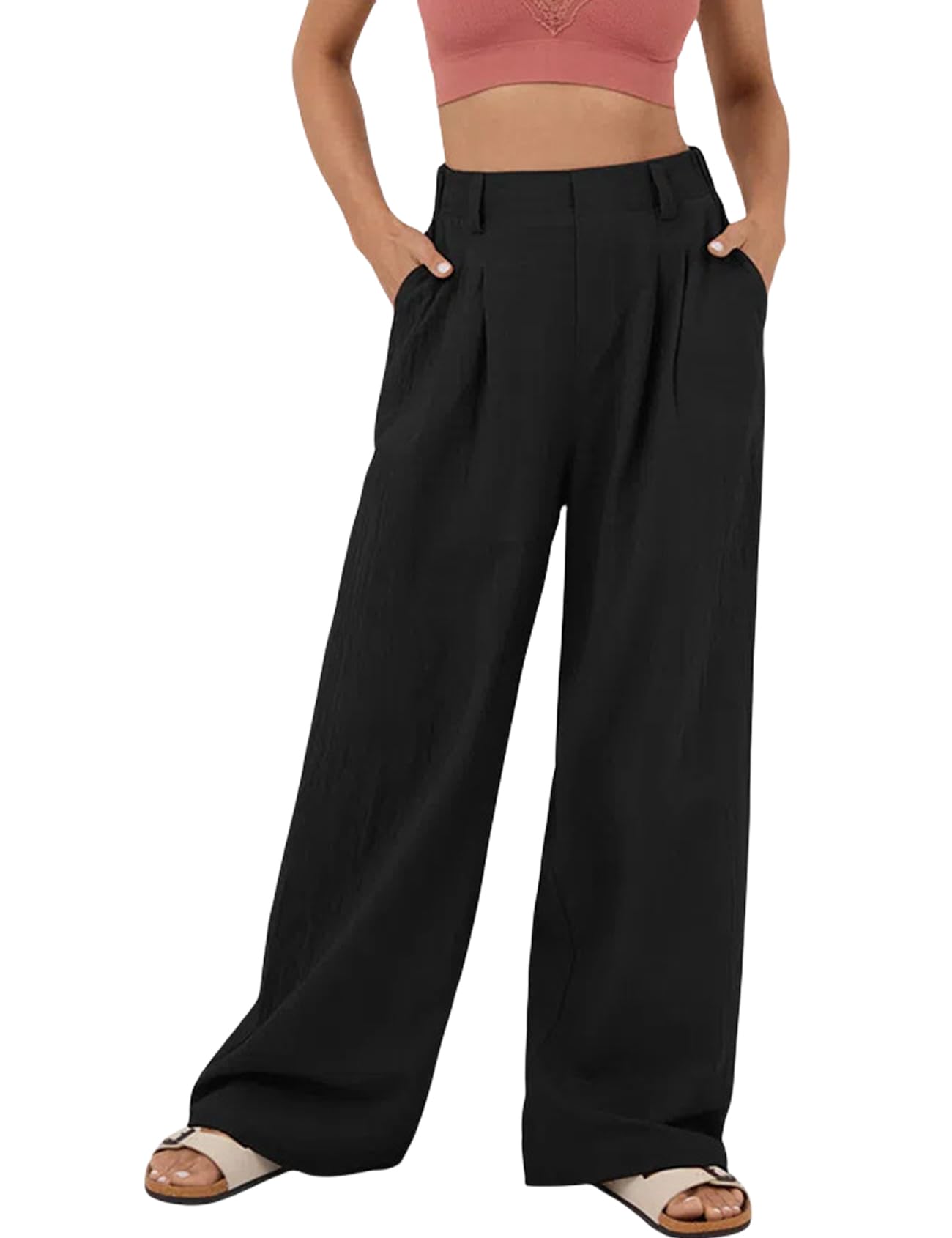 Perbai Womens Wide Leg Dress Pants High Waisted Back Elastic Cotton Palazzo Pants Work Trousers with Pockets