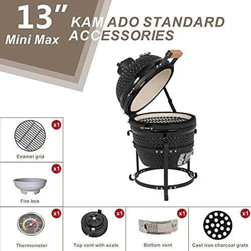 13-Inch Ceramic Charcoal Grill – Modern Style BBQ Smoker with Superior Heat Retention, Portable Egg-Shaped Outdoor Grill for Camping, Patio & Backyard Cooking – Black
