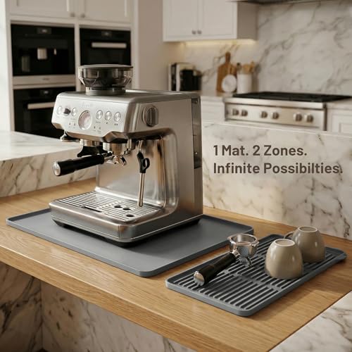 Image of ZJWZLG Silicone Coffee Mat for Countertop, 24x16 inch Heat Resistant Espresso Machine Mat, Non-Slip Coffee Bar Mat with Detachable Drying Area and Raised Edge, Waterproof Station Pad - Grey