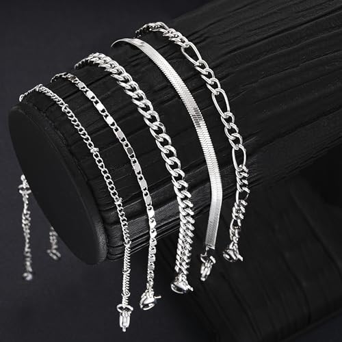 Image of iF YOU Gold Ankle Bracelets for Women, 14k Gold Plated Waterproof Cuban Link Chain Anklets Set, Layered Anklet Bracelets for Women Beach Gift Adjustable Size 5pcs