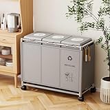 brontier ゴミ袋ホルダー ゴミ箱 3分別×30L 90L大容量 キャスター付き おしゃれ ふた付き 袋見えない スリム キッチン 自宅 リビング ペットボトル 缶 収納 ステンレス製フレーム 前開き可 分別シール付き (グレー)