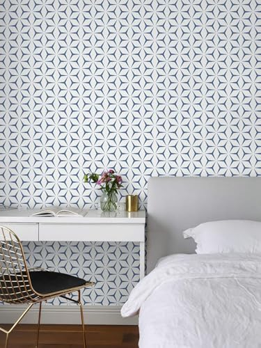 Image of KBR Blue & White Geometric Wallpaper (45 x 300 cm) - Minimal 3D Star Pattern Peel & Stick Self-Adhesive Waterproof Modern Wall Covering Roll for Living Room, Staircase, Kitchen & Cafe Decor