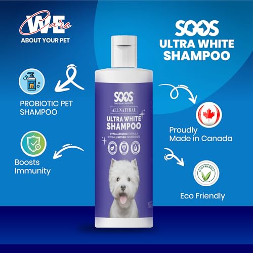 Image of Soos Ultra White Hypoallergenic Shampoo for Dogs & Cats - Natural White Brightening Formula, Gentle & Moisturizing Pet Wash for Sensitive Skin - 500ml