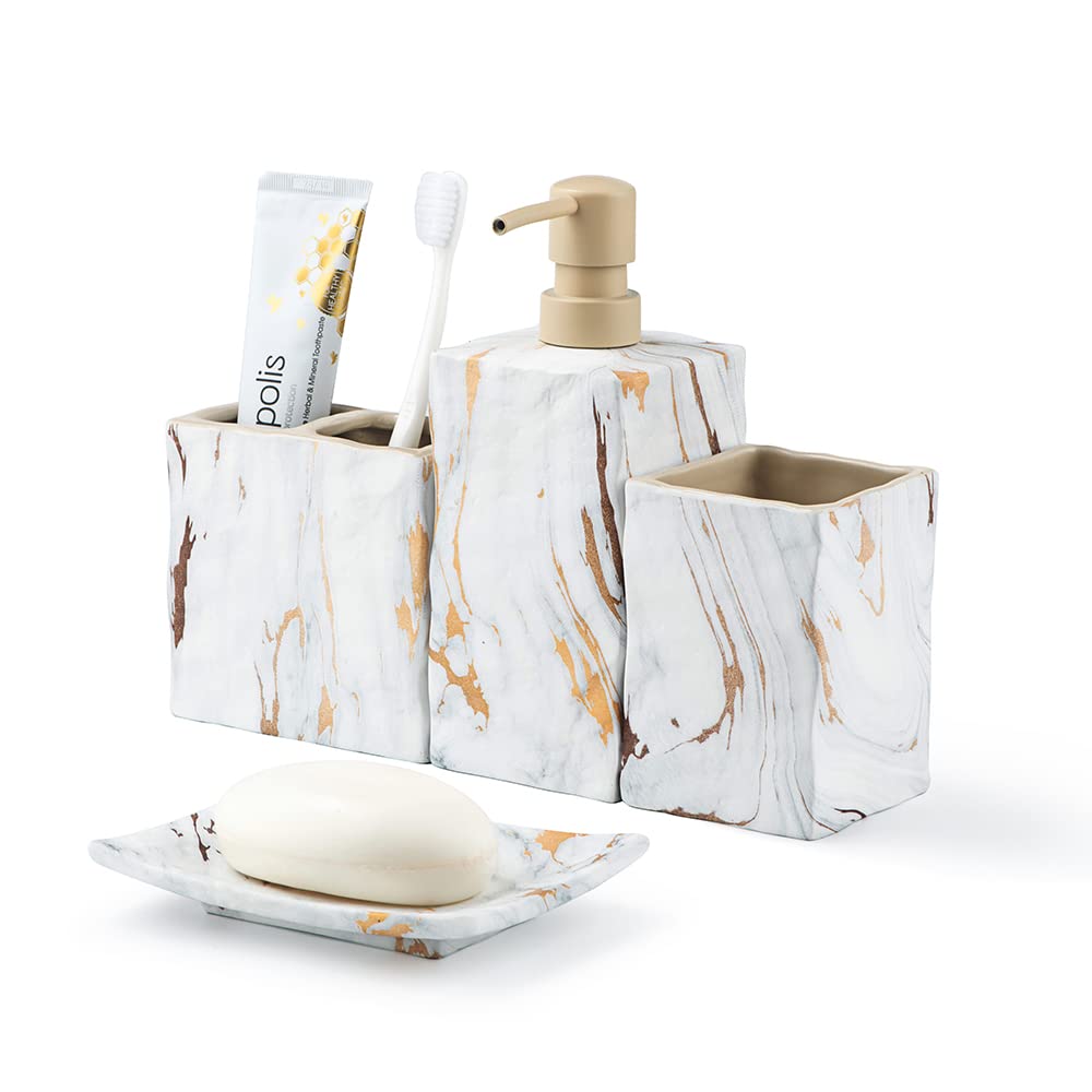 Ceramic Bathroom Accessory Set Complete 4 Pieces Retro Style Soap Dispenser & Toothbrush Holder Sets (Marble Gold)
