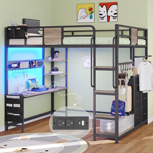 Dnxao Loft Bed Full with Desk and 6 Storage Drawers, Loft Bed Full Size with 2 Bedside Organizer,6 Movable Hooks,LED Lights and Charging Station,Bunk Bed with Desk, Clothes Rail,Safety Guard,Oak Gray