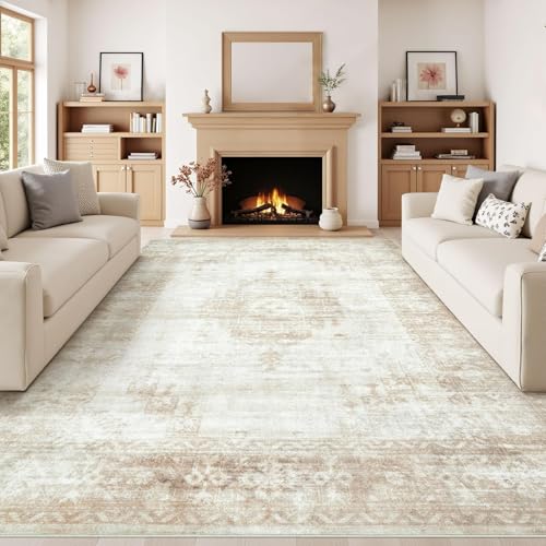 Aoyaomi Vintage Living Room Area Rug - 8x10 Large Machine Washable Boho Moroccan Distressed Farmhouse Rugs for Bedroom - Soft Non-Slip Indoor Floor Accent Rugs for Office Dining Room (Beige, 8'x10')