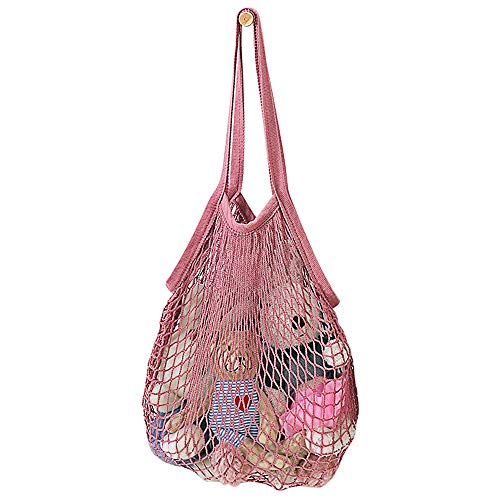 HINATAA Sac de Maille. Filet de Courses réutilisables en Coton, Grande capacité, jusqu'à 11 Livres.Environ 30x58cm, poignée: 24 cm, Assez Longue poignée pour Mettre sur l'épaule. (Rose, 1pcs) Cover
