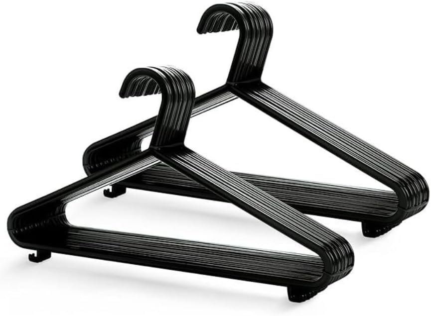 Carezon Plastic Coat Hangers Pack of 100 Adult Clothes Hangers, Strong & Durable for Closets and Clothes Rails, Non-Slip, Space Saver Storage Organiser for Coats,Suits,Hooks,Trouser Bar & Lip - Black