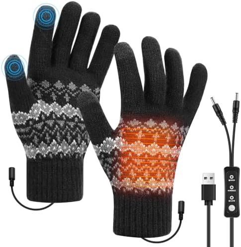 USB Heated Gloves for Men Women Full Finger Hand Warmers for Typing Touchscreen Winter Warm Unisex Gloves Knit Mittens with 3 Heating Levels Washable Winter Gift for Indoor Outdoor (Black)