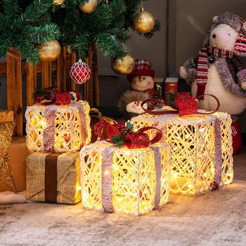 Weihnachtsdeko Außenbereich 27 COSTWAY 3er Set LED Geschenkboxen, beleuchtete Weihnachtenboxen mit...