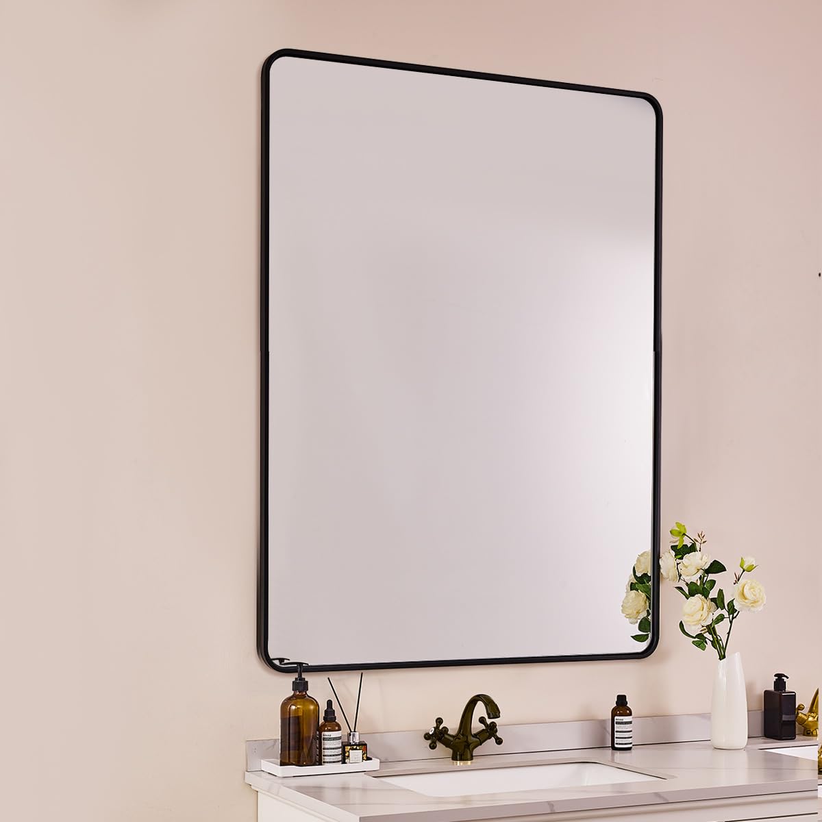 Photo 1 of ANDY STAR 48X32 Inch Black Bathroom Mirror, Black Bathroom Vanity Mirrors for Wall, Rounded Rectangle Mirror for Bathroom, Seamless Tube Metal Frame, 1’’ Deep Wall Mounted Vertical/Horizontal