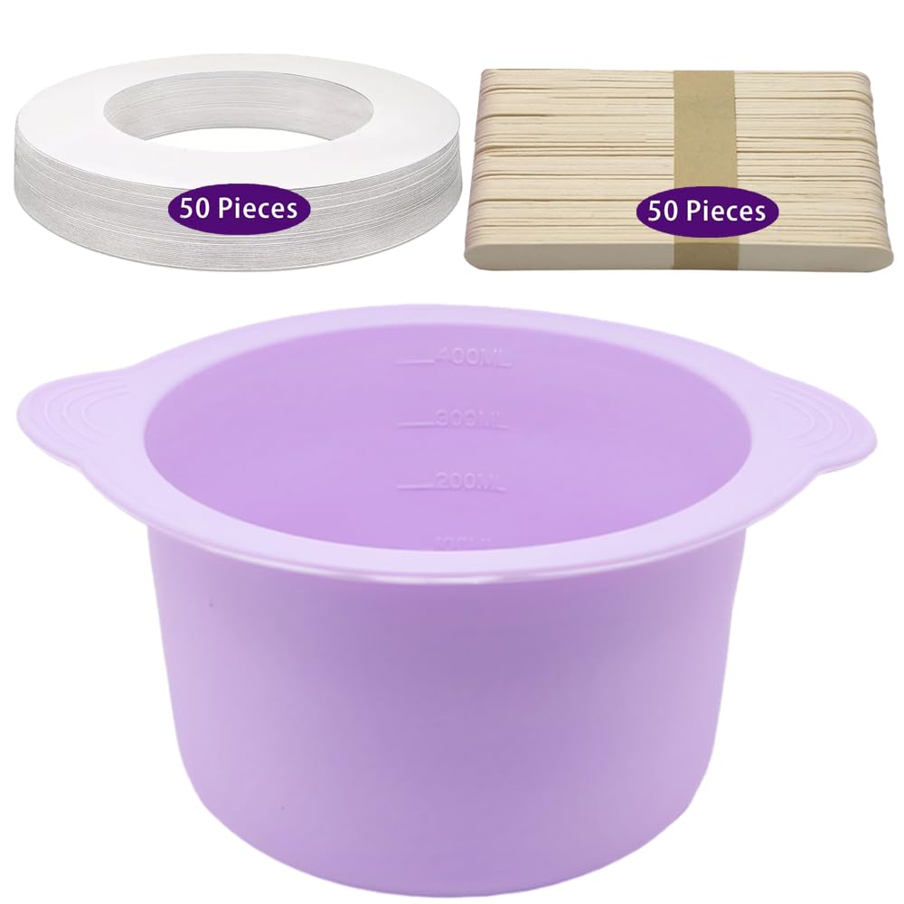 Silicone Wax Warmer Liner, Silicone Wax Bowl for Warmer 14 oz, Non-Stick Melt Pot Replacement, Reusable Melt Liner with 50 Pcs Waxing Sticks & 50 Pcs Protective Collars Ring