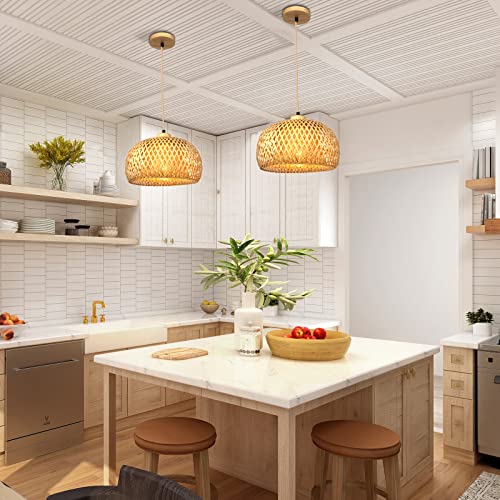 Frideko Hand-Woven Bamboo Pendant Light Natural Wicker Rattan Hanging Light Fixture Basket Lampshade Pendant Lamp Wicker Chandeliers for Kitchen Island Farmhouse Living Room Dining Room(Bulb Included) - Image 2