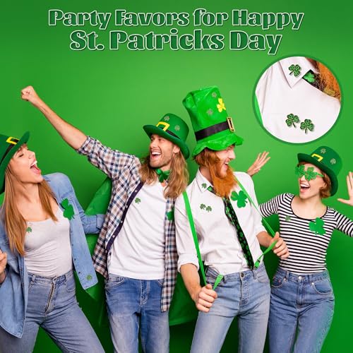 Image of SINCCO 25 /50 /100 Sets St. Patricks Day Clover Lapel Pins Bulk Shamrock Pin Brooches with Irish Blessing Cards Gift Bags for St. Patrick's Day Party Favors Jewelry Accessories